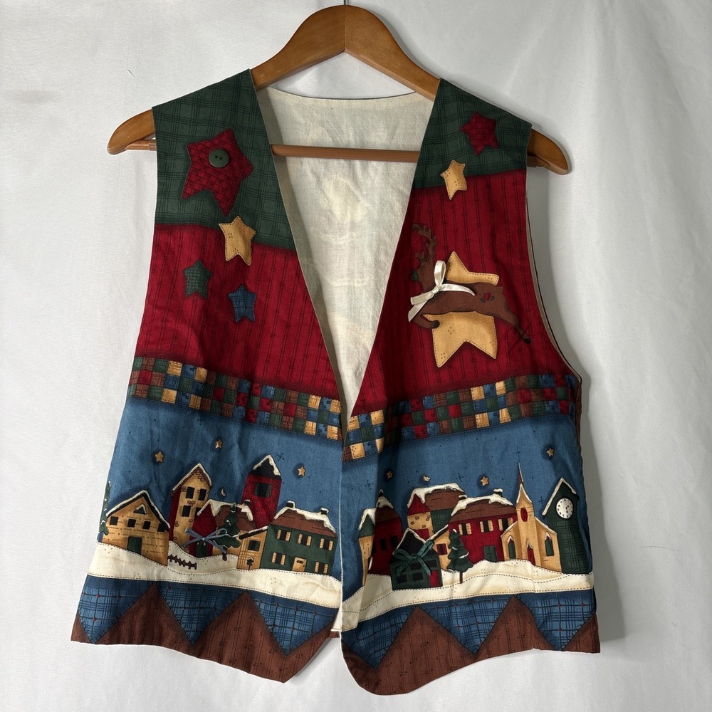 Christmas Holiday Vest Womens S/M Santa Reindeer Snow Village Whimsical Rustic
